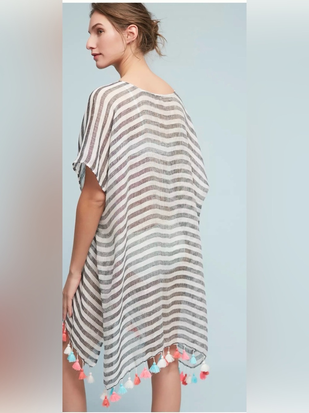 Seafolly 100% Linen Striped Tassel Beach Cover Up Kaftan O/S